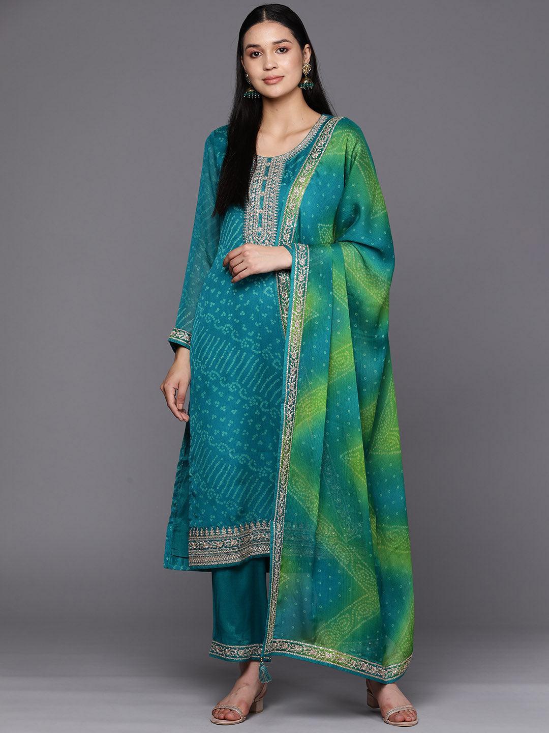 Turquoise Blue Printed Chiffon Straight Suit Set With Trousers - ShopLibas