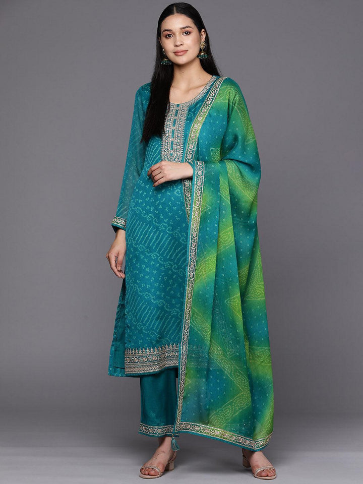 Turquoise Blue Printed Chiffon Straight Suit Set With Trousers - ShopLibas