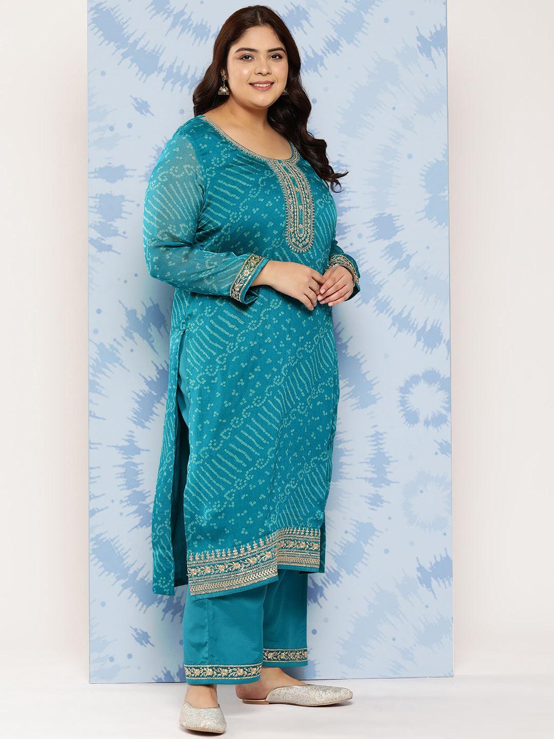 Turquoise Blue Printed Chiffon Straight Kurta With Trousers and Dupatta