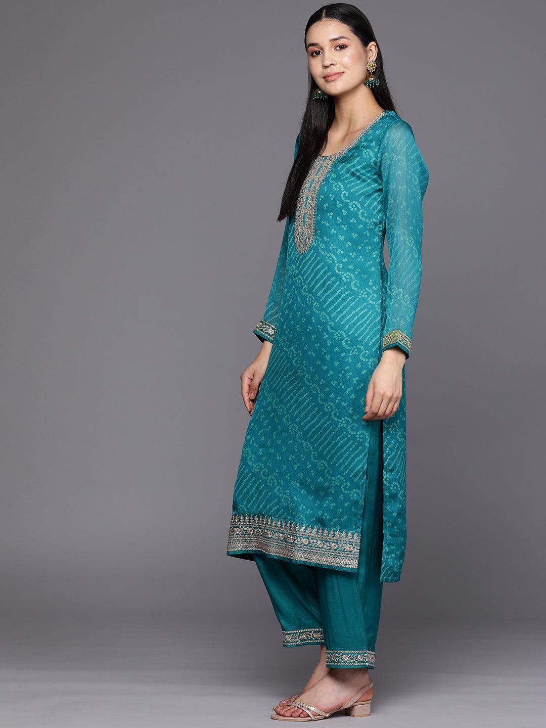 Turquoise Blue Printed Chiffon Straight Suit Set With Trousers