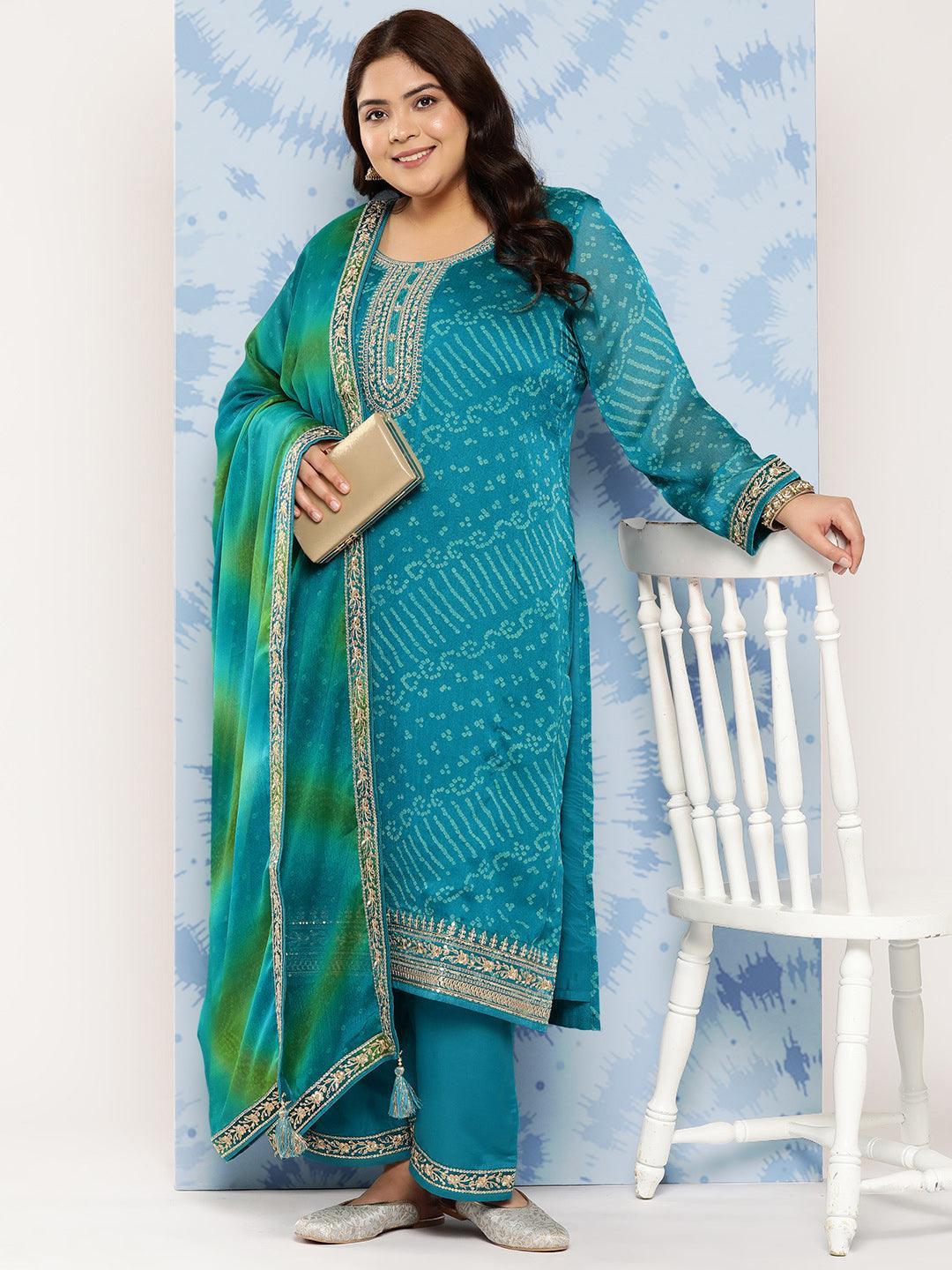 Turquoise Blue Printed Chiffon Straight Kurta With Trousers and Dupatta