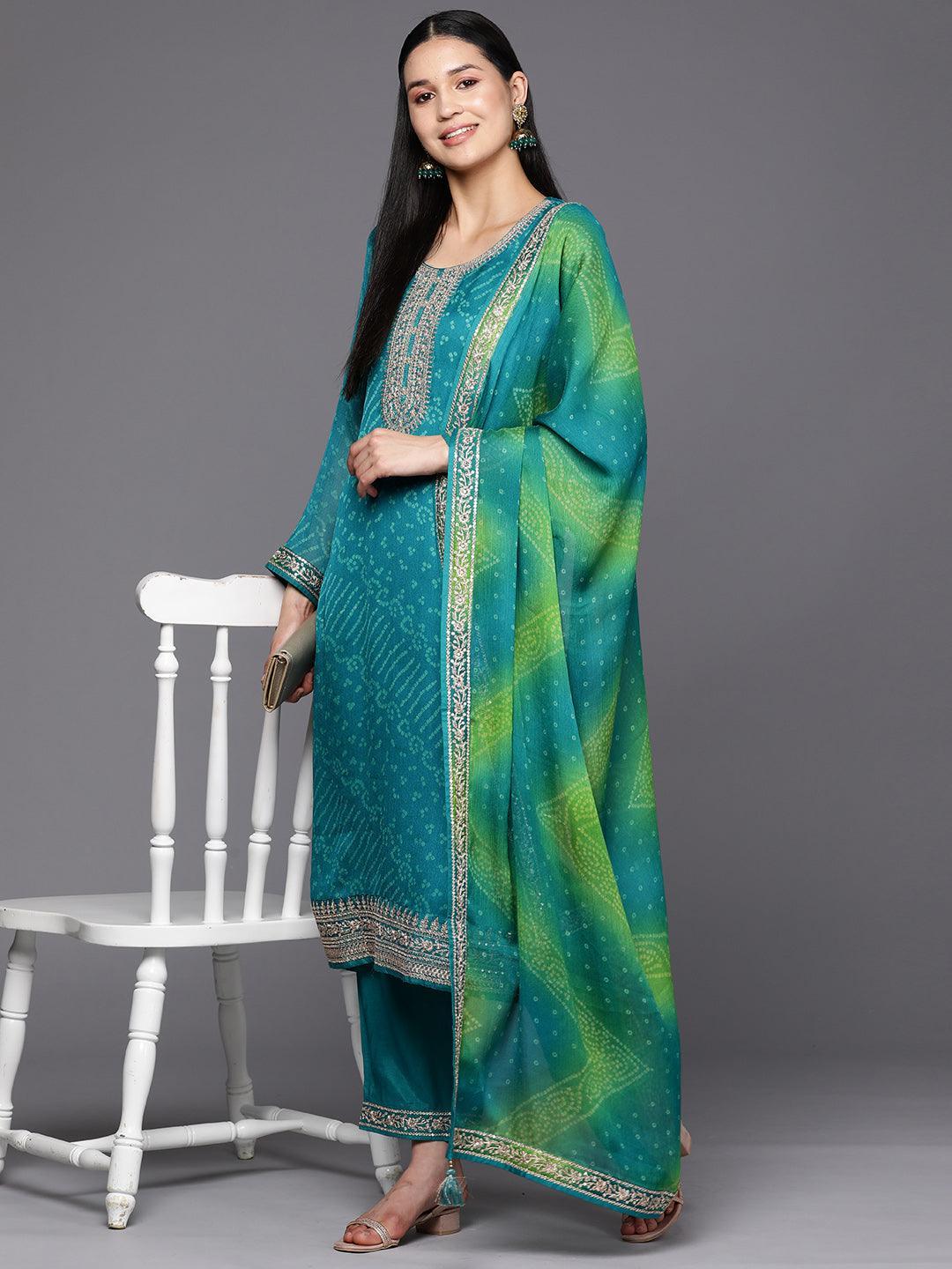 Turquoise Blue Printed Chiffon Straight Suit Set With Trousers - ShopLibas