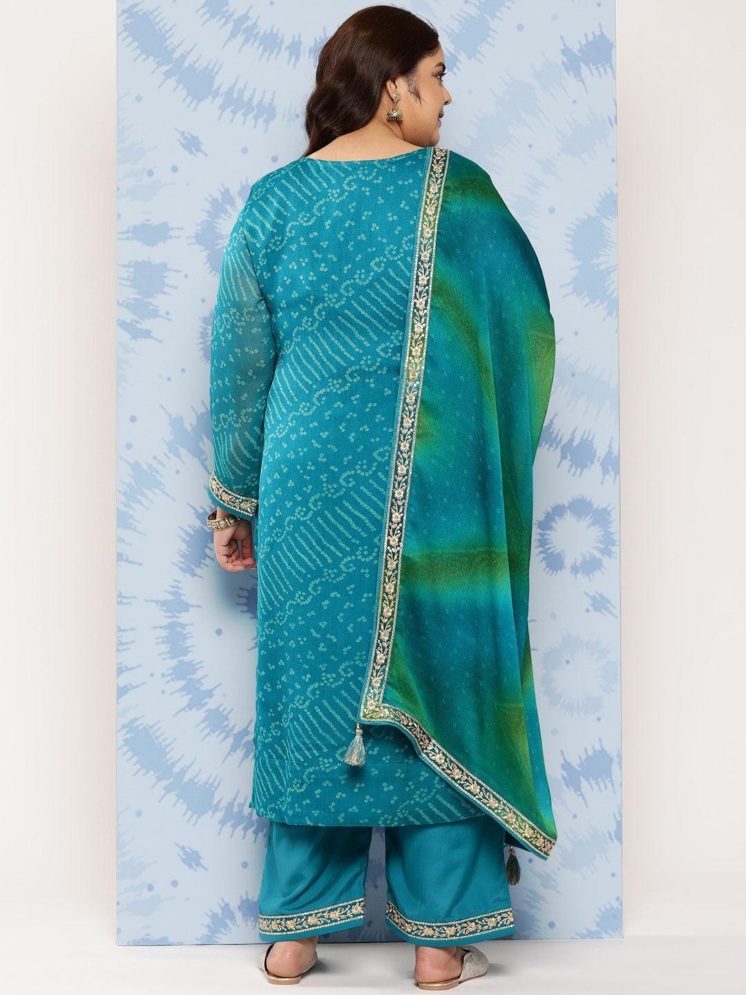 Turquoise Blue Printed Chiffon Straight Kurta With Trousers and Dupatta