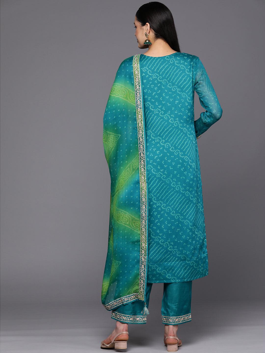 Turquoise Blue Printed Chiffon Straight Suit Set With Trousers - ShopLibas