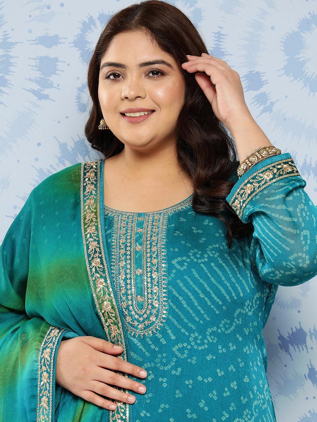 Turquoise Blue Printed Chiffon Straight Kurta With Trousers and Dupatta