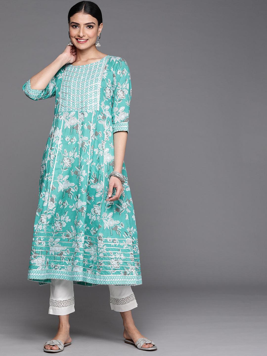 Turquoise Blue Printed Cotton Kurta