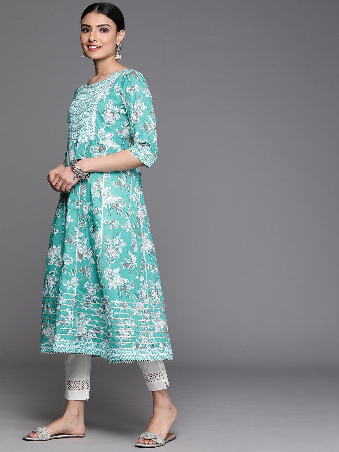 Turquoise Blue Printed Cotton Kurta