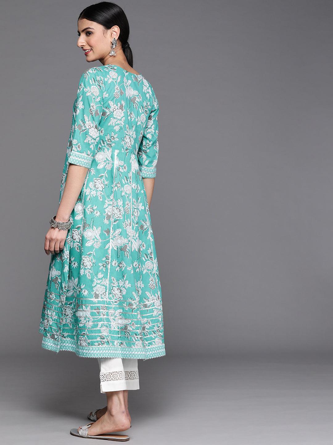 Turquoise Blue Printed Cotton Kurta