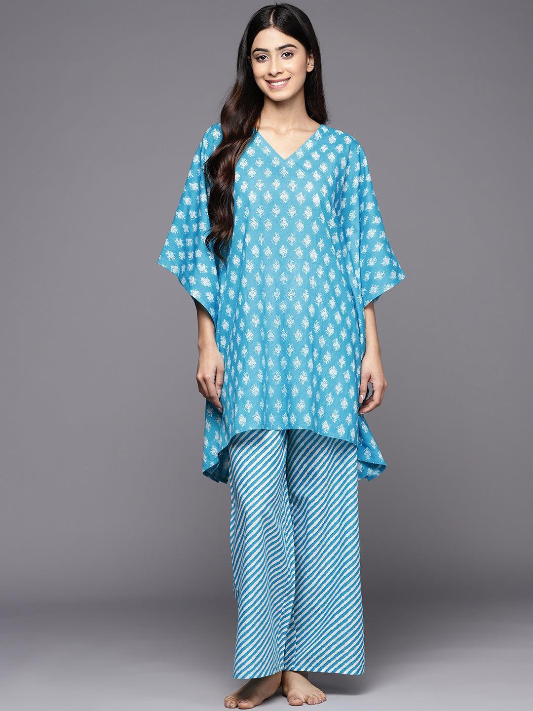 Turquoise Blue Printed Cotton Night Suit - ShopLibas