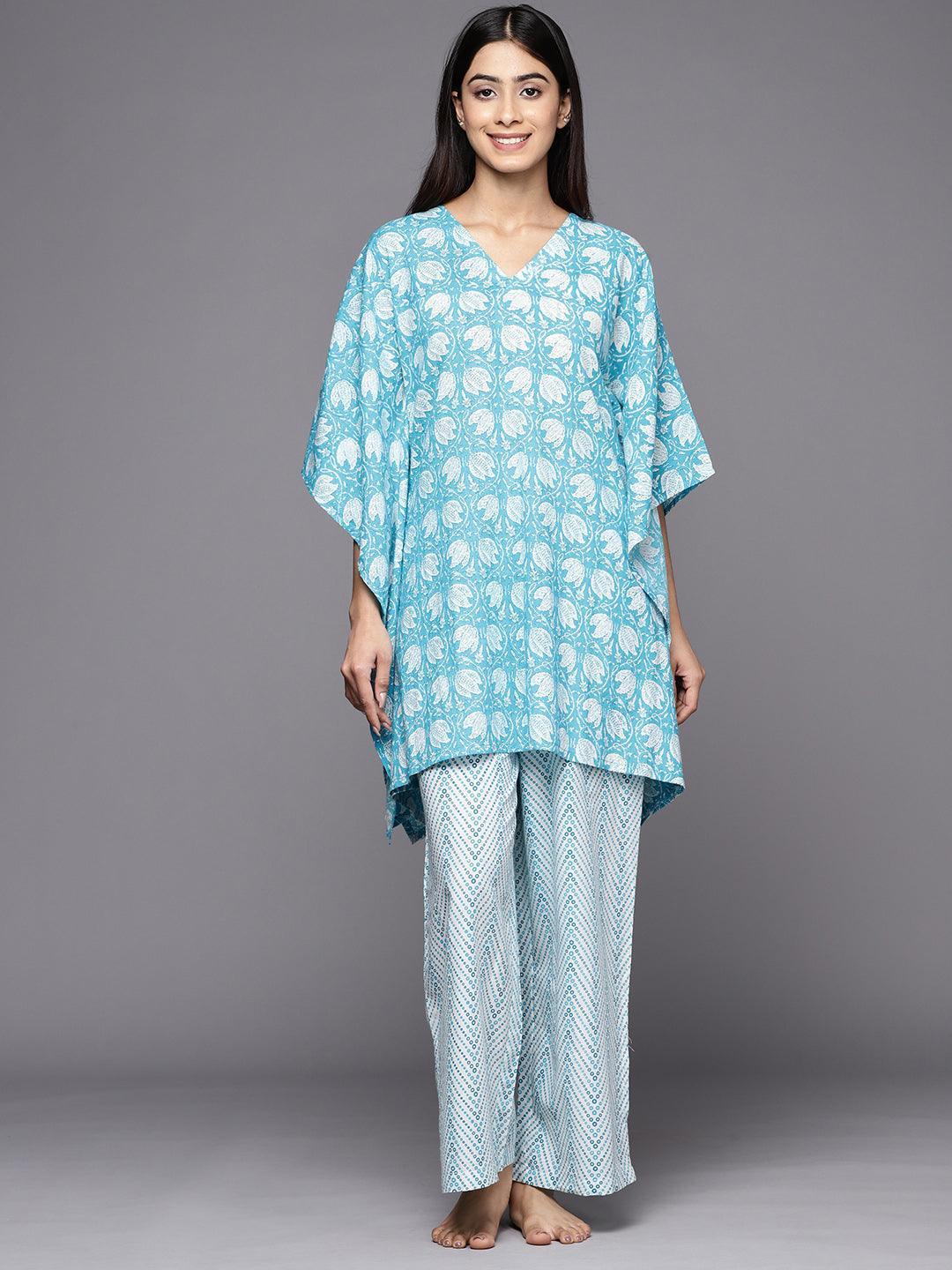 Turquoise Blue Printed Cotton Night Suit