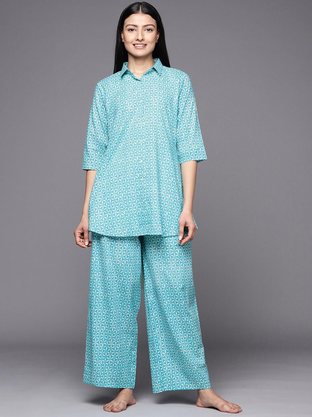 Turquoise Blue Printed Cotton Night Suit