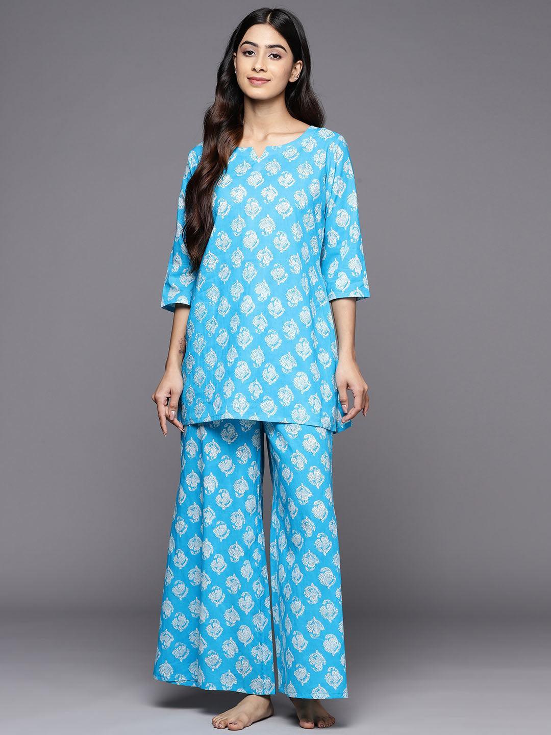 Turquoise Blue Printed Cotton Night Suit