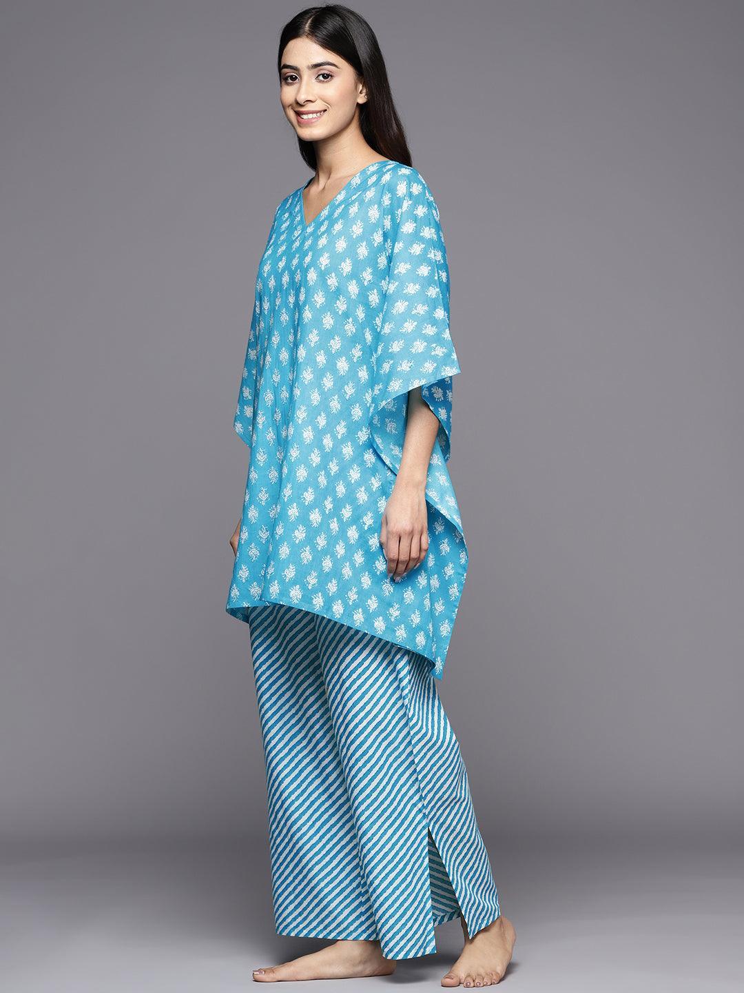 Turquoise Blue Printed Cotton Night Suit