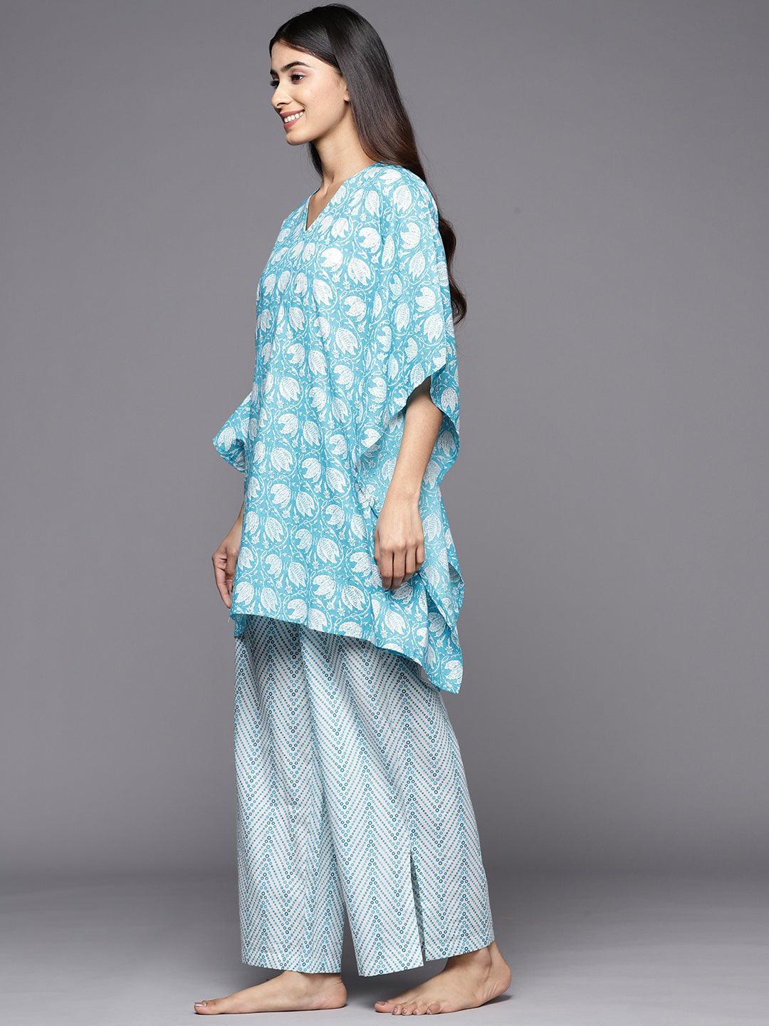 Turquoise Blue Printed Cotton Night Suit - ShopLibas