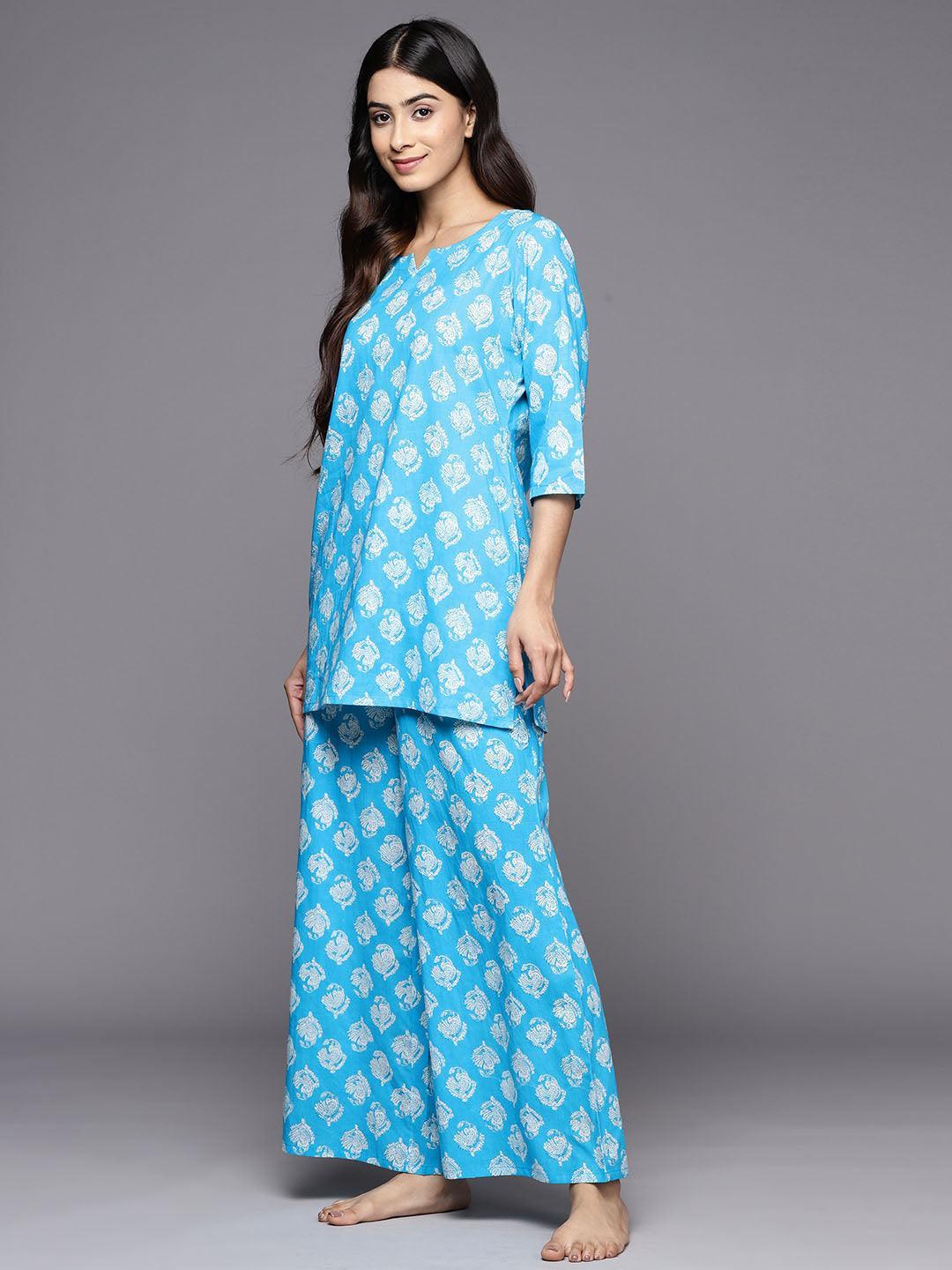 Turquoise Blue Printed Cotton Night Suit