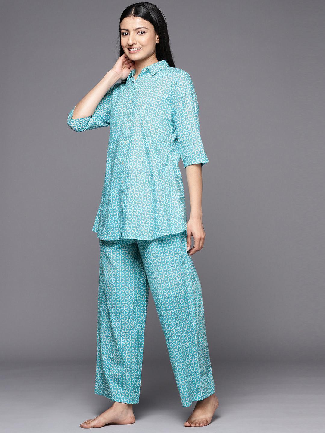 Turquoise Blue Printed Cotton Night Suit