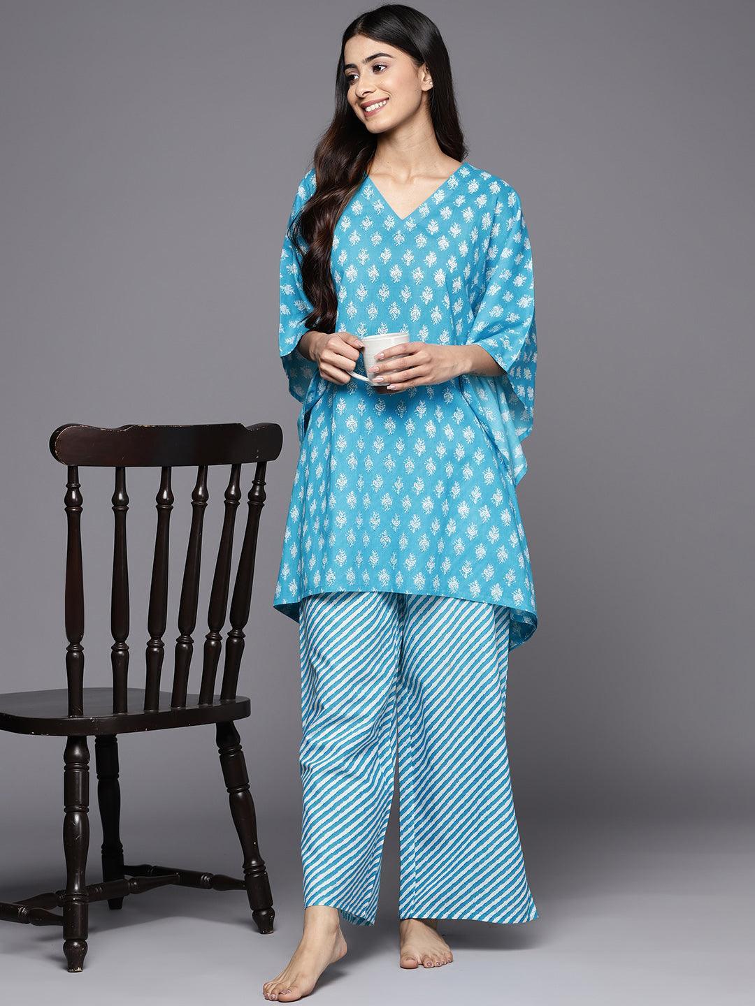 Turquoise Blue Printed Cotton Night Suit