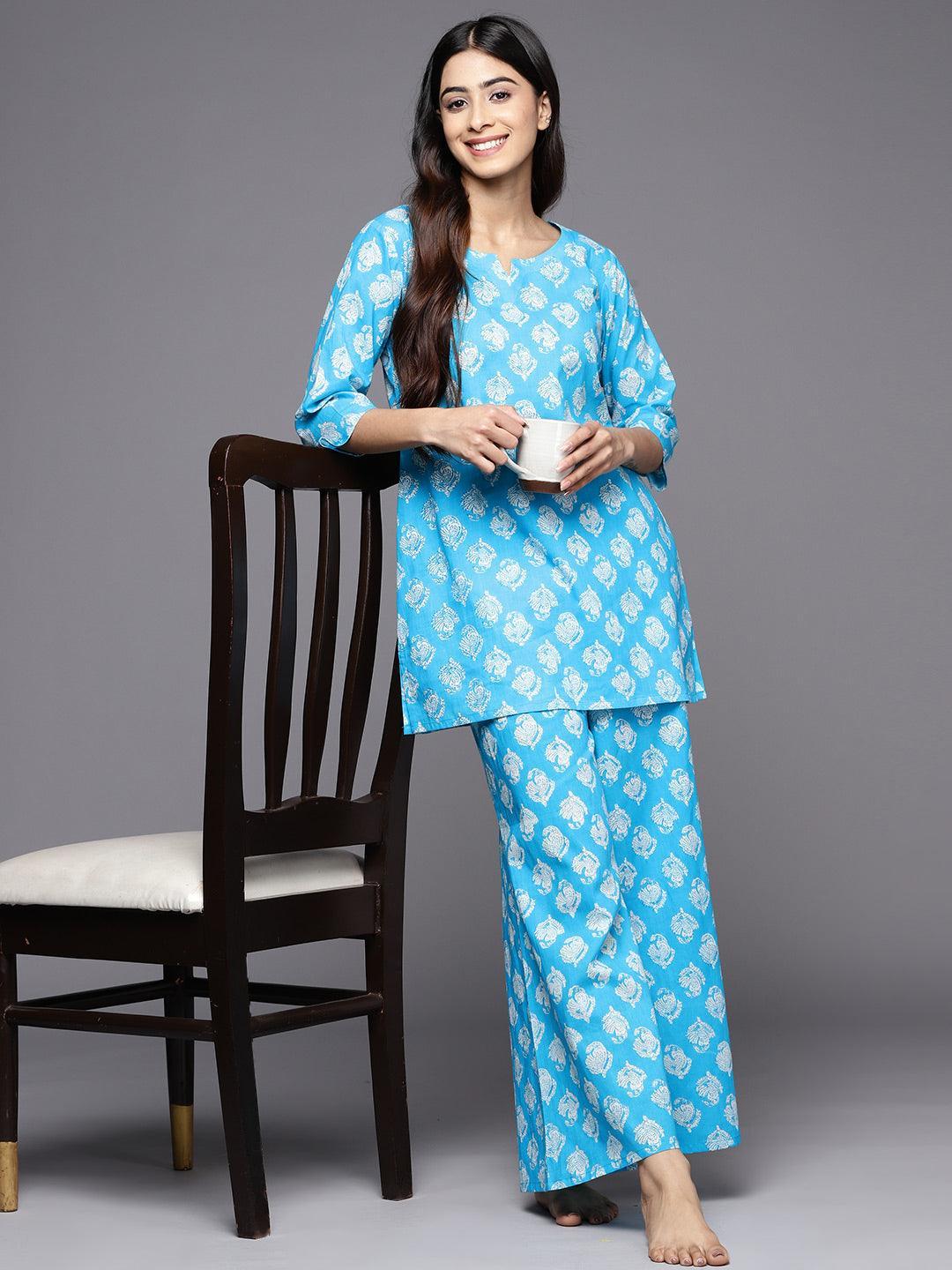 Turquoise Blue Printed Cotton Night Suit