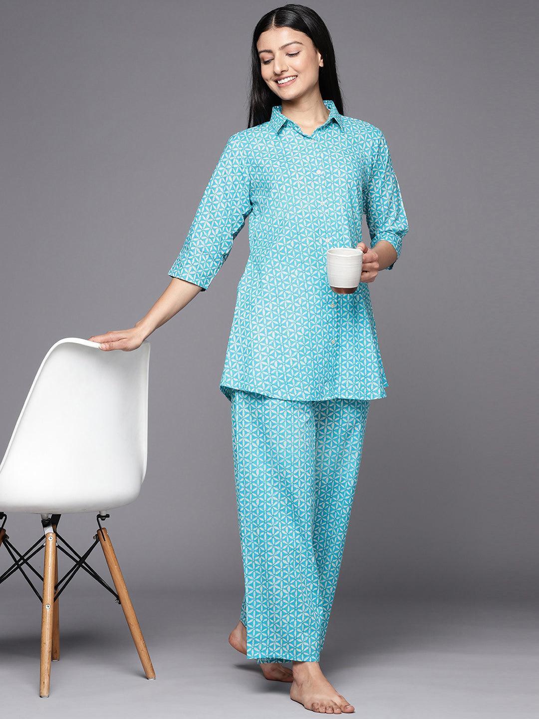 Turquoise Blue Printed Cotton Night Suit