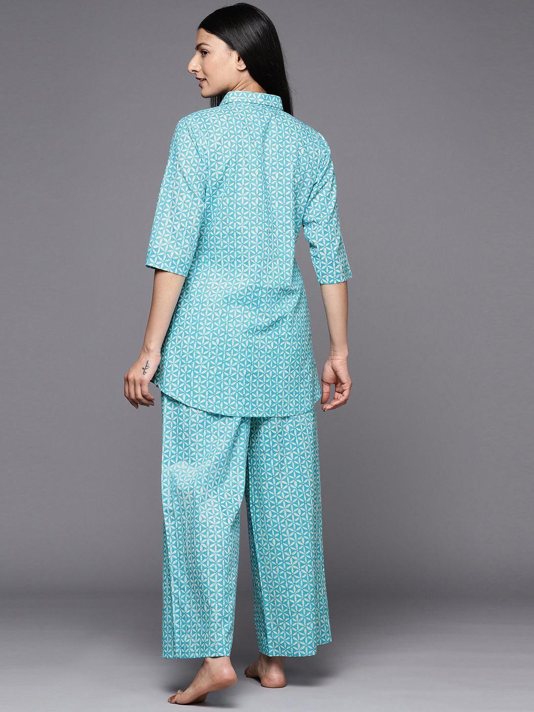 Turquoise Blue Printed Cotton Night Suit