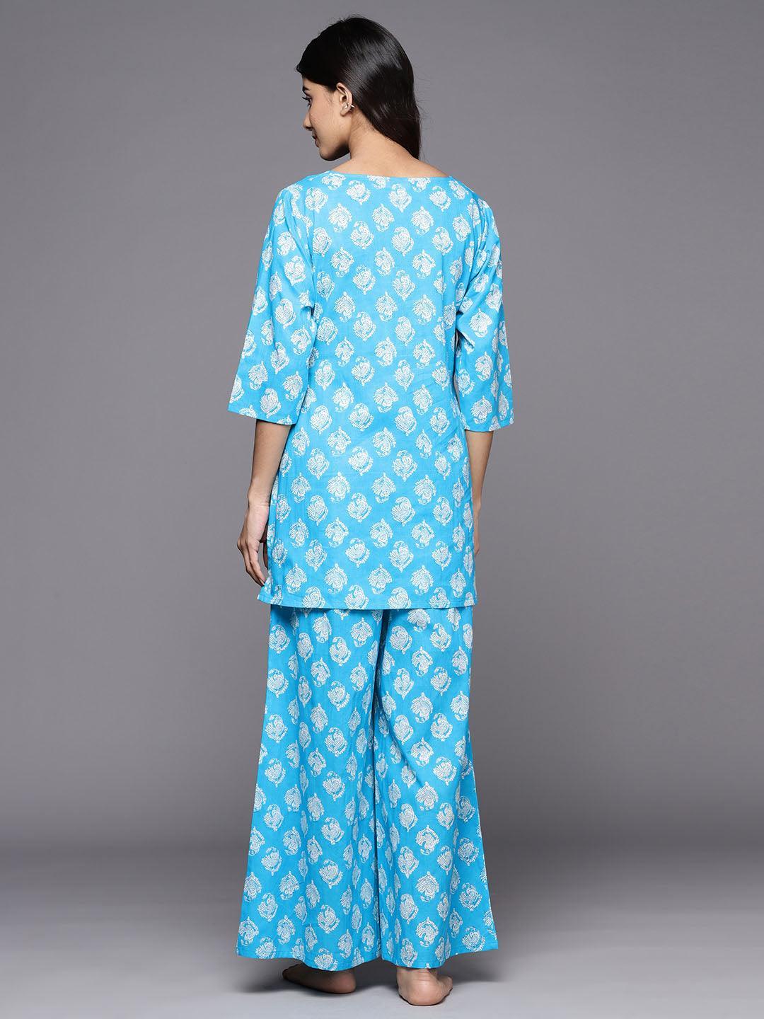 Turquoise Blue Printed Cotton Night Suit