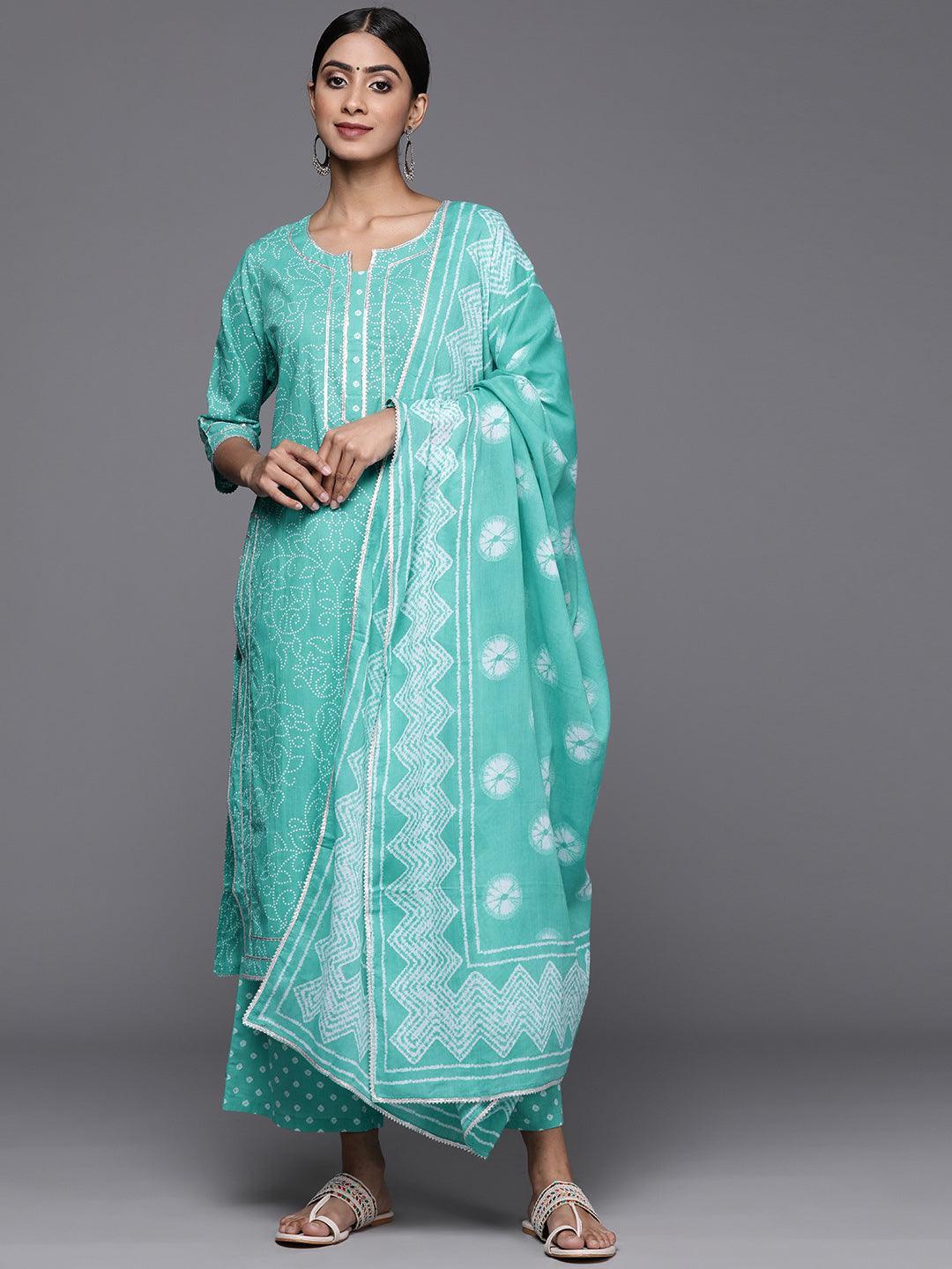 Turquoise Blue Printed Cotton Straight Kurta With Palazzos & Dupatta