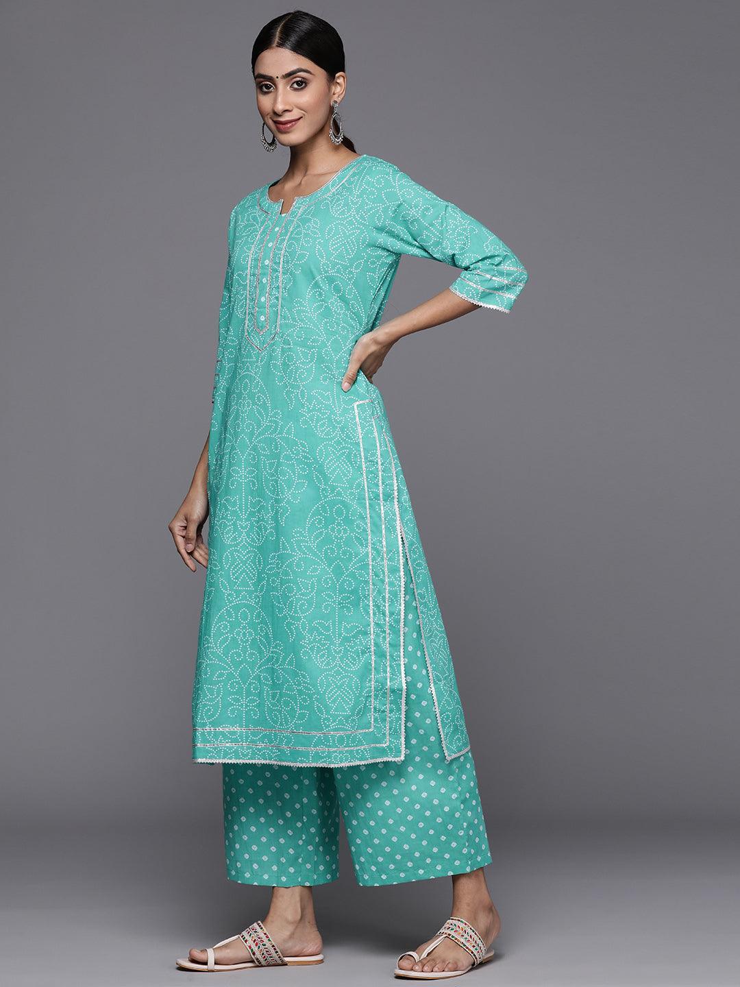 Turquoise Blue Printed Cotton Straight Kurta With Palazzos & Dupatta