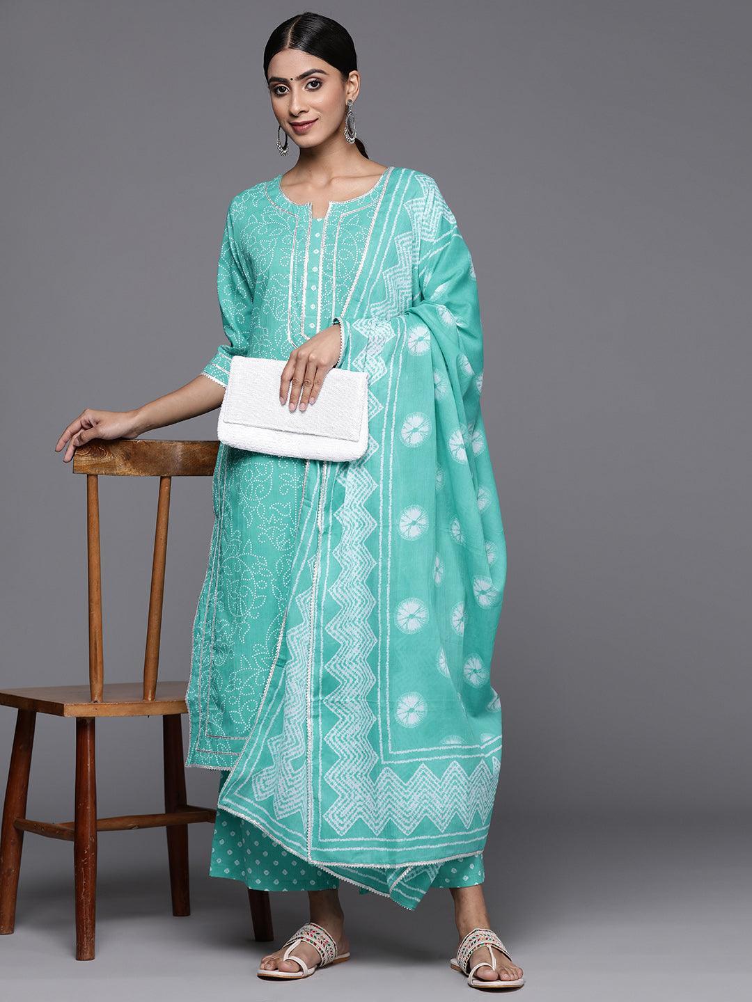 Turquoise Blue Printed Cotton Straight Kurta With Palazzos & Dupatta