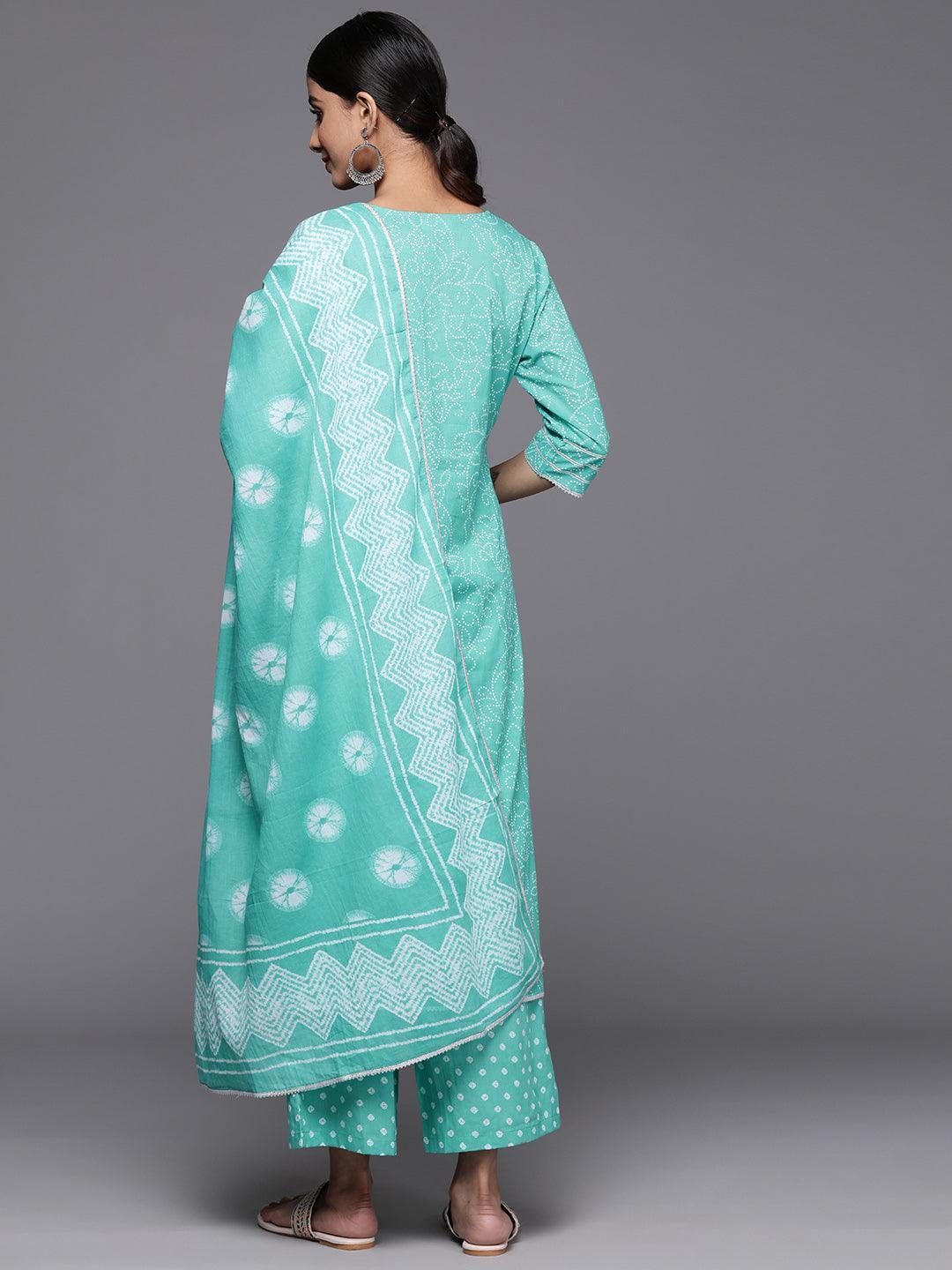 Turquoise Blue Printed Cotton Straight Kurta With Palazzos & Dupatta