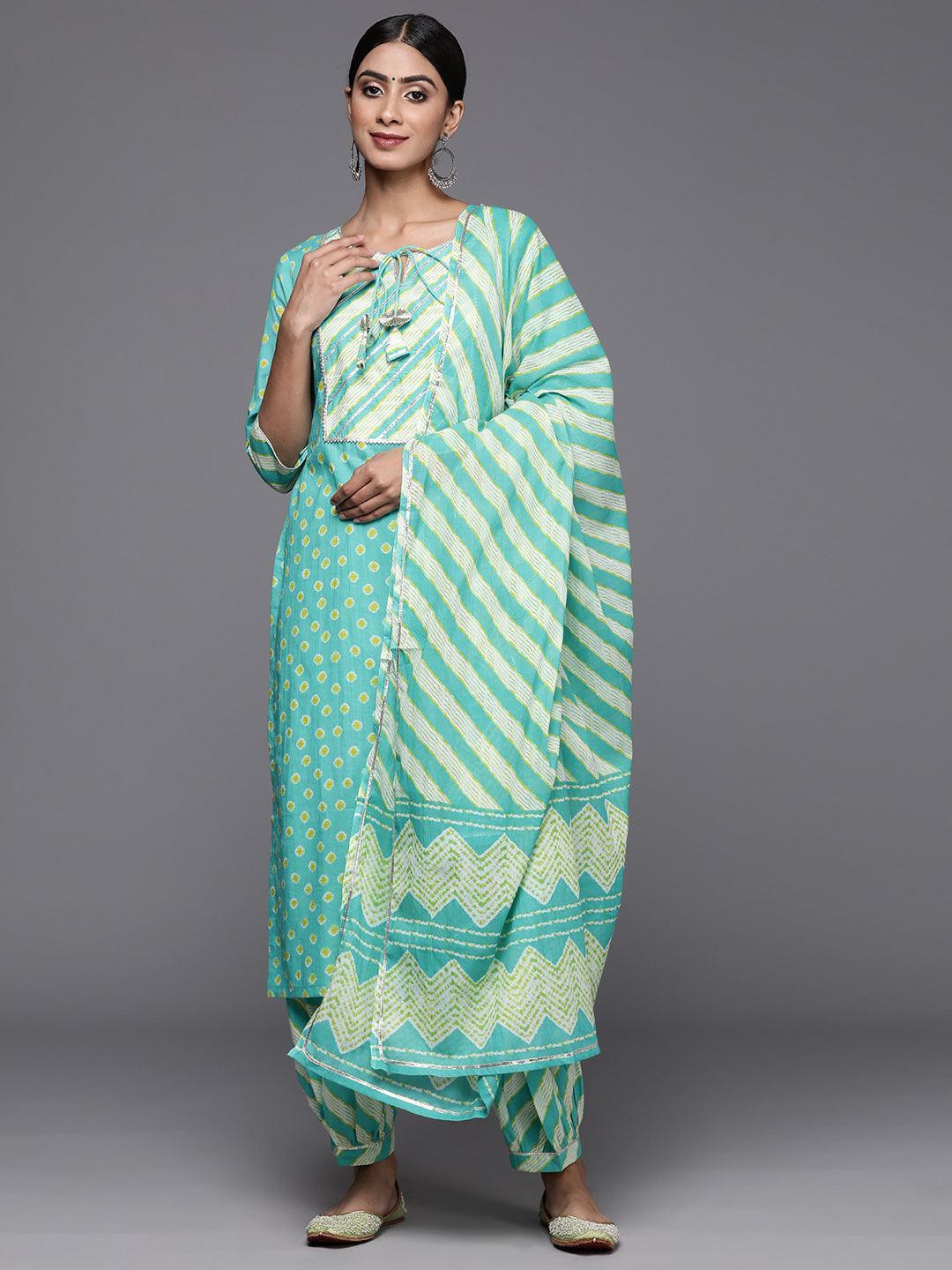 Turquoise Blue Printed Cotton Straight Kurta With Salwar & Dupatta