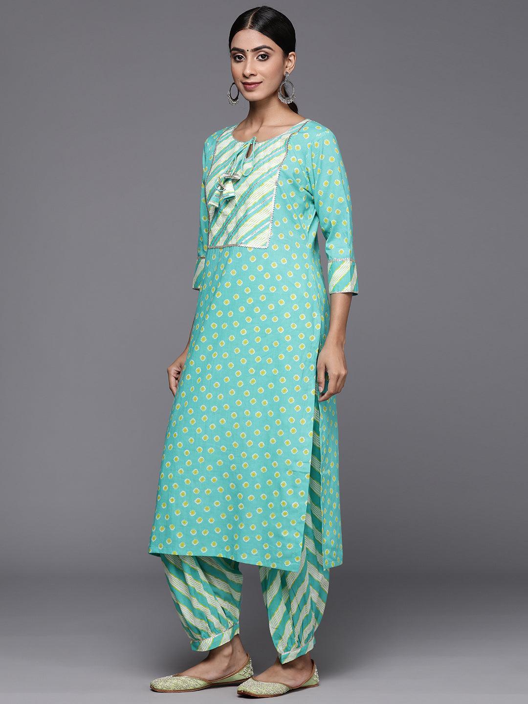 Turquoise Blue Printed Cotton Straight Kurta With Salwar & Dupatta