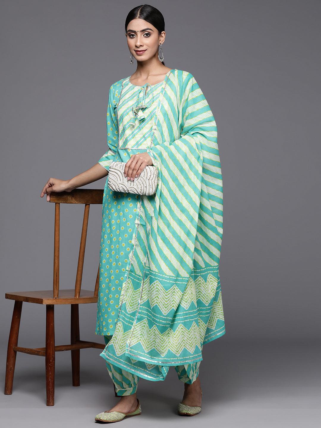 Turquoise Blue Printed Cotton Straight Kurta With Salwar & Dupatta