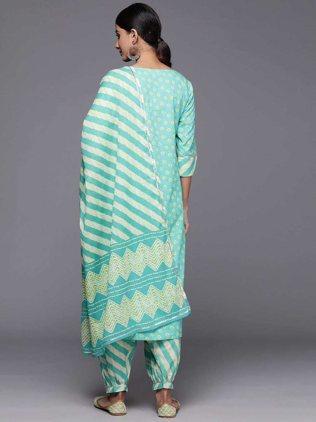 Turquoise Blue Printed Cotton Straight Kurta With Salwar & Dupatta - Libas