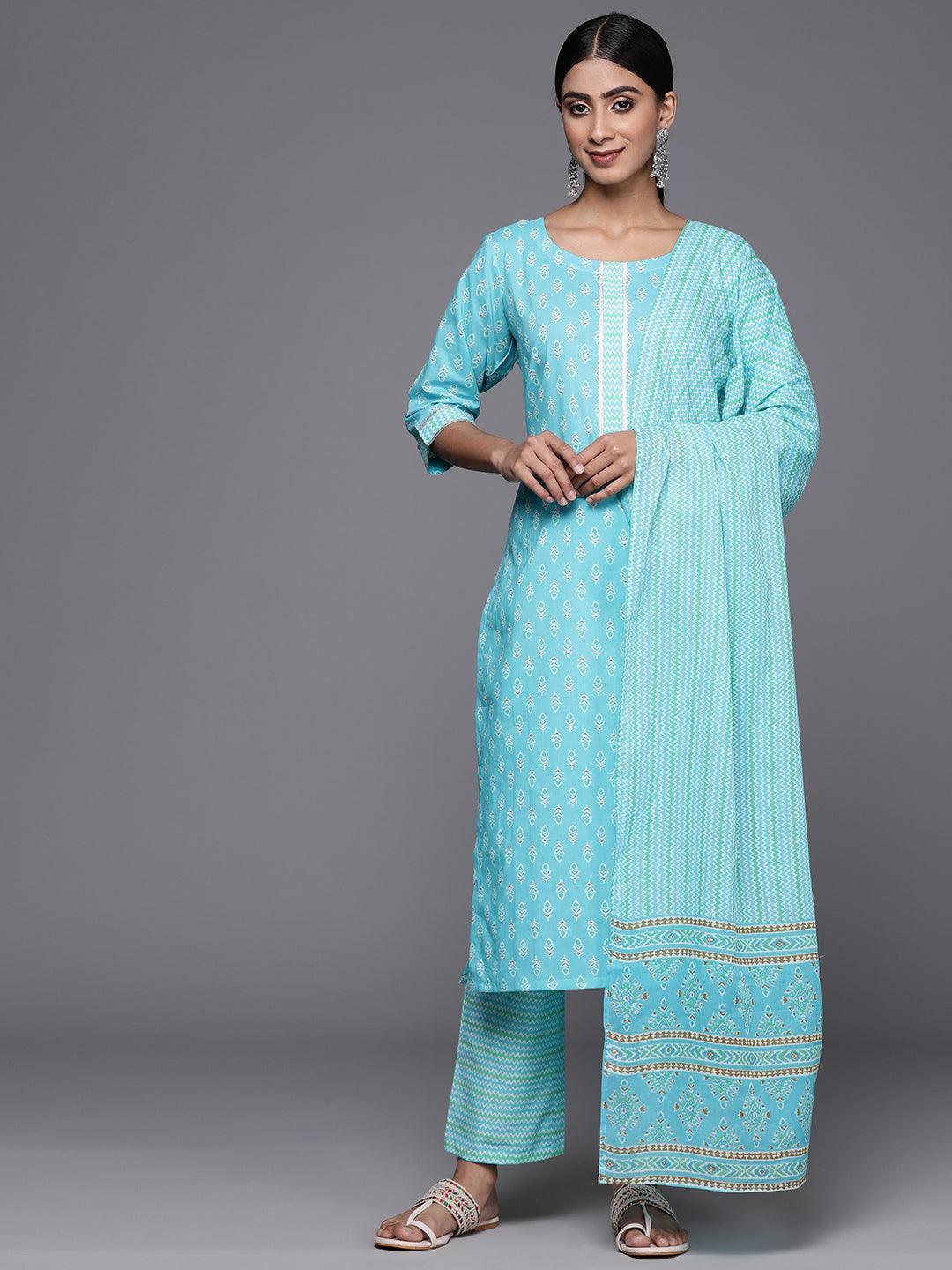 Turquoise Blue Printed Cotton Straight Kurta With Trousers & Dupatta - Libas