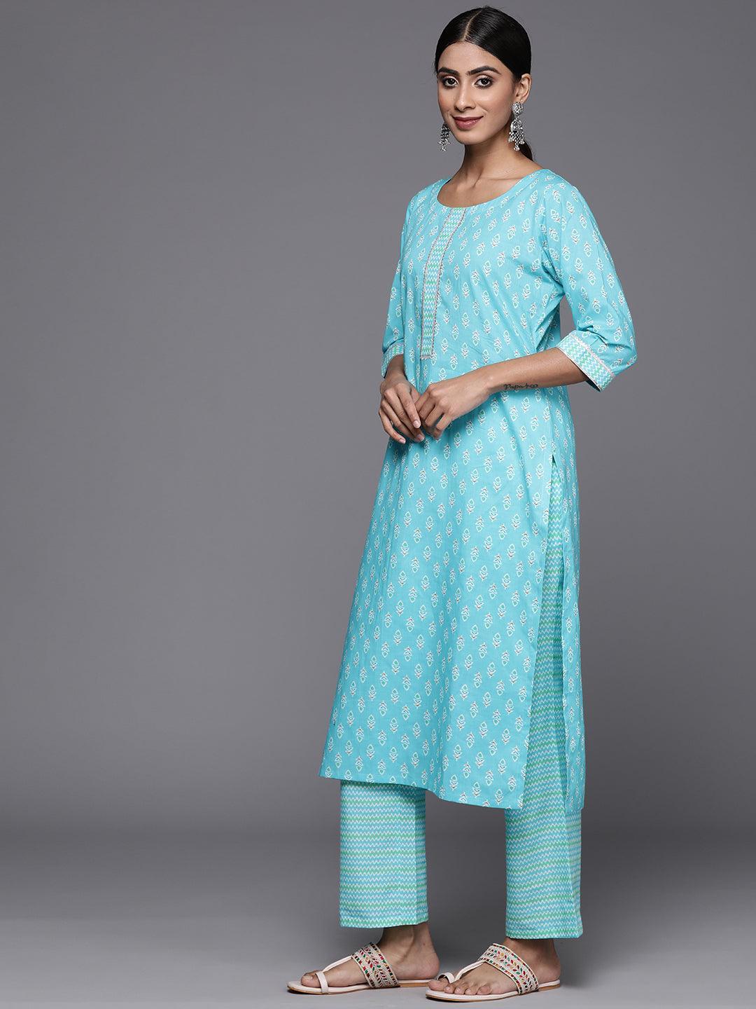 Turquoise Blue Printed Cotton Straight Kurta With Trousers & Dupatta