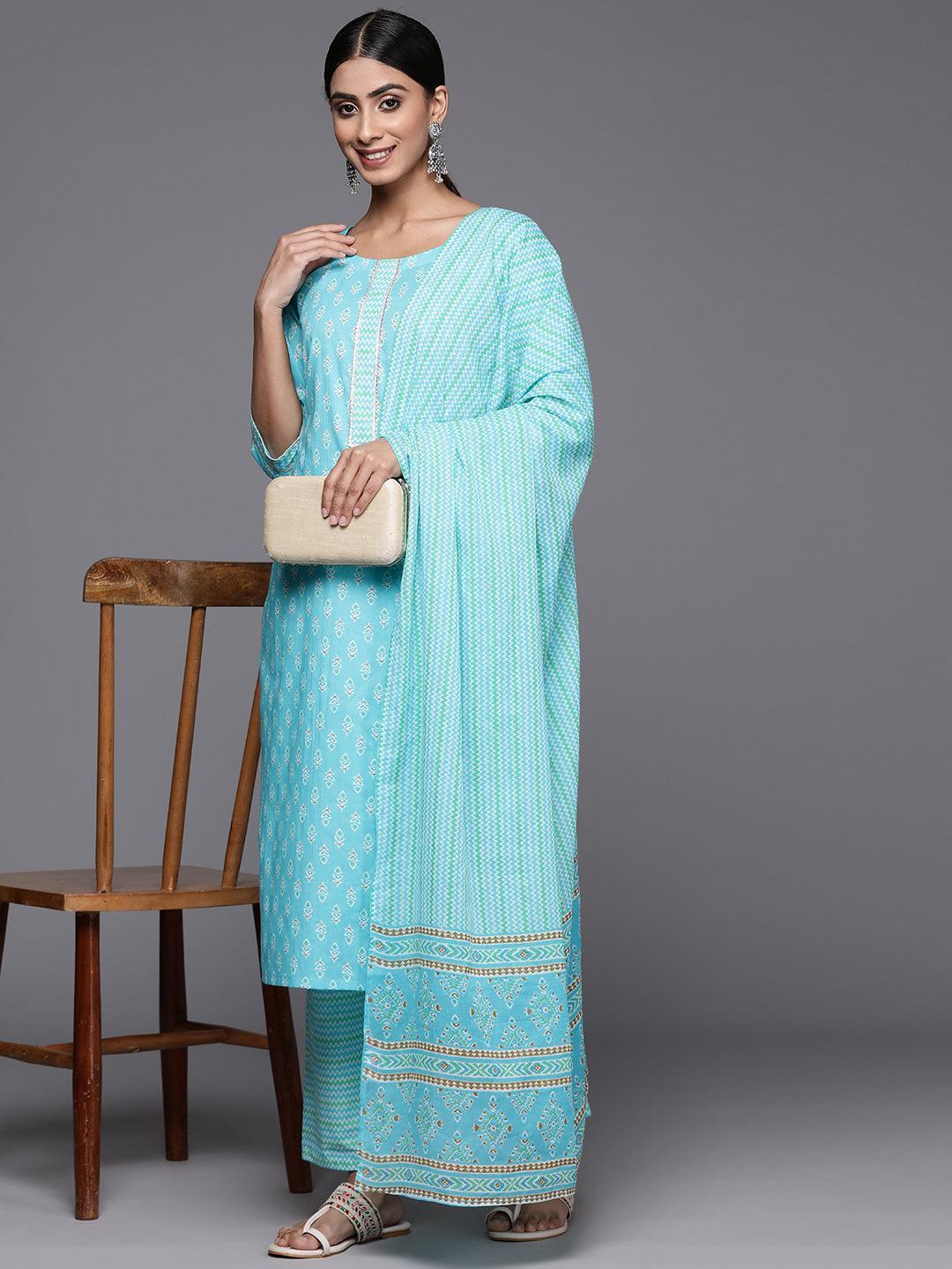 Turquoise Blue Printed Cotton Straight Kurta With Trousers & Dupatta