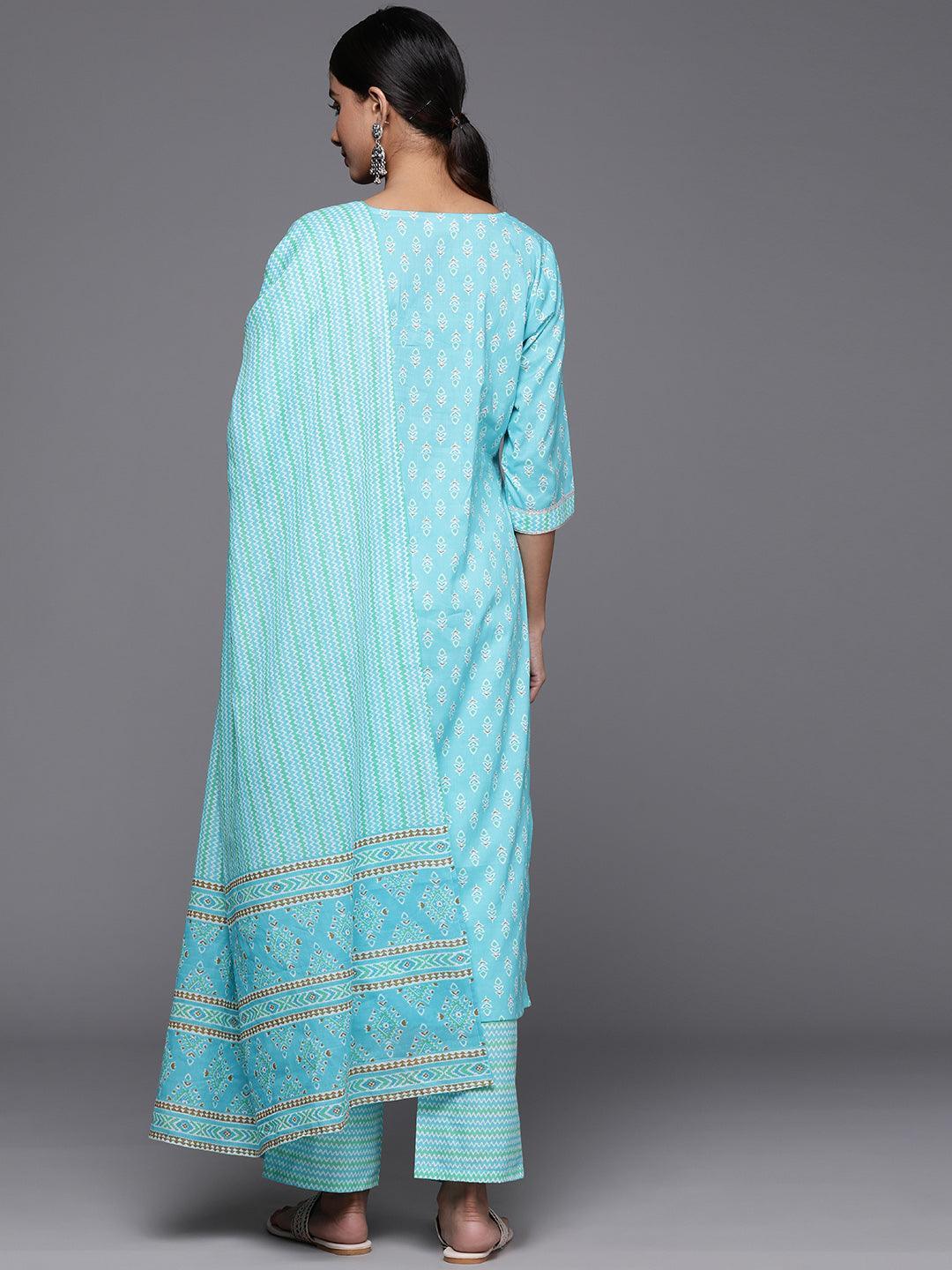 Turquoise Blue Printed Cotton Straight Kurta With Trousers & Dupatta