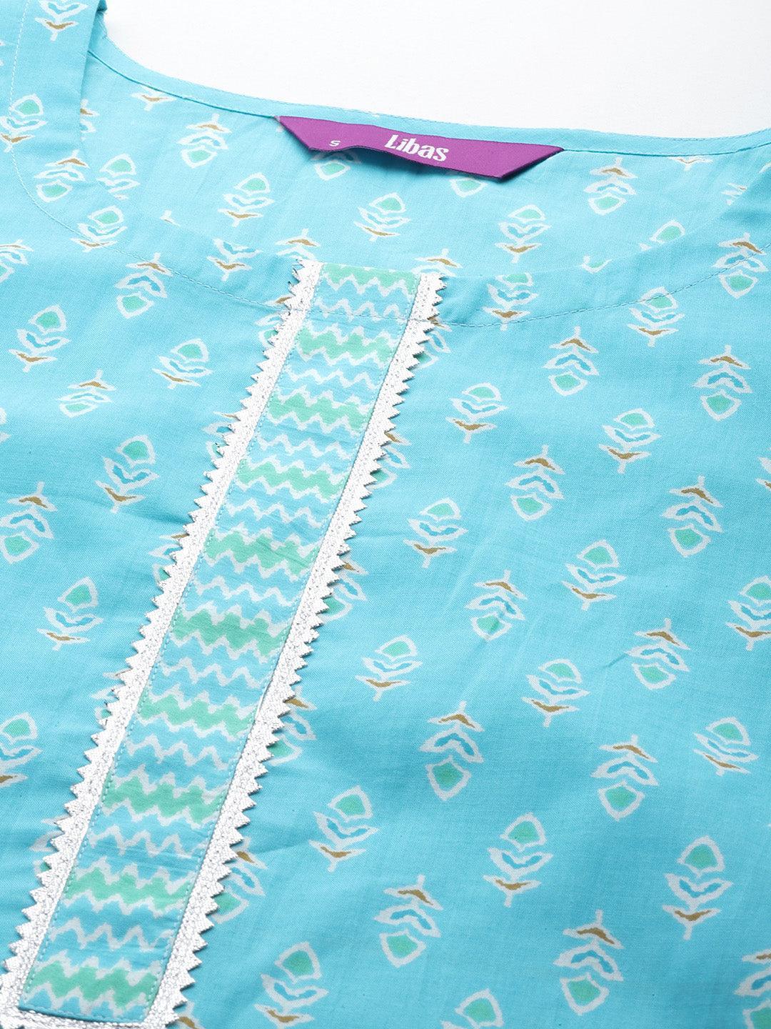 Turquoise Blue Printed Cotton Straight Kurta With Trousers & Dupatta