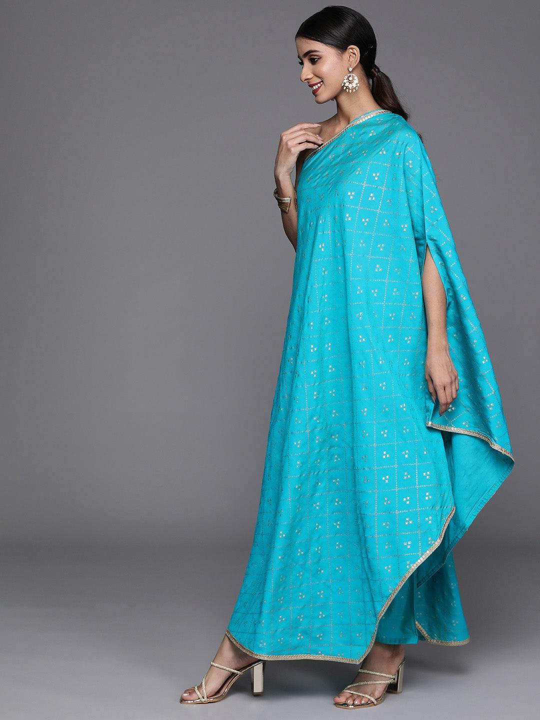 Turquoise Blue Printed Silk Blend Kaftan Kurta With Trousers - Libas