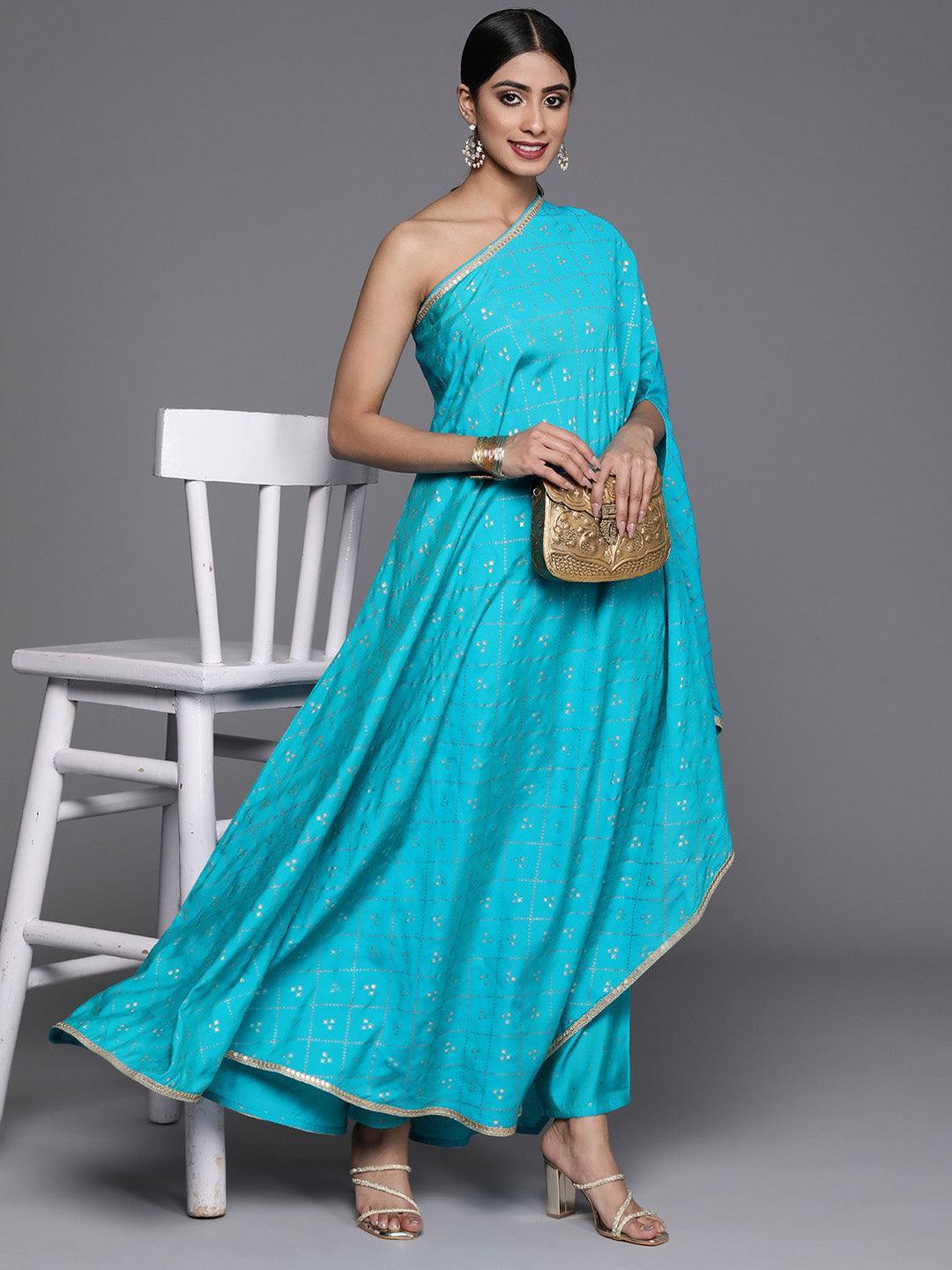 Turquoise Blue Printed Silk Blend Kaftan Kurta With Trousers - Libas