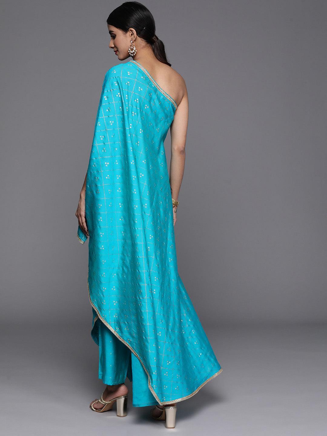 Turquoise Blue Printed Silk Blend Kaftan Kurta With Trousers