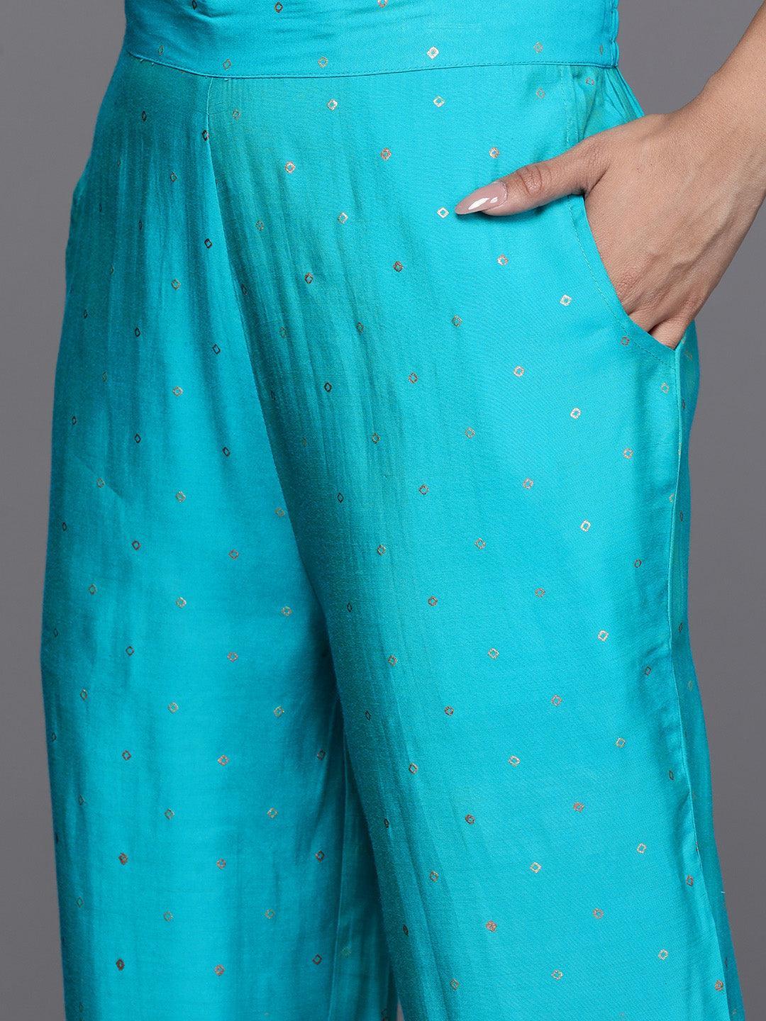 Turquoise Blue Printed Silk Blend Kaftan Kurta With Trousers