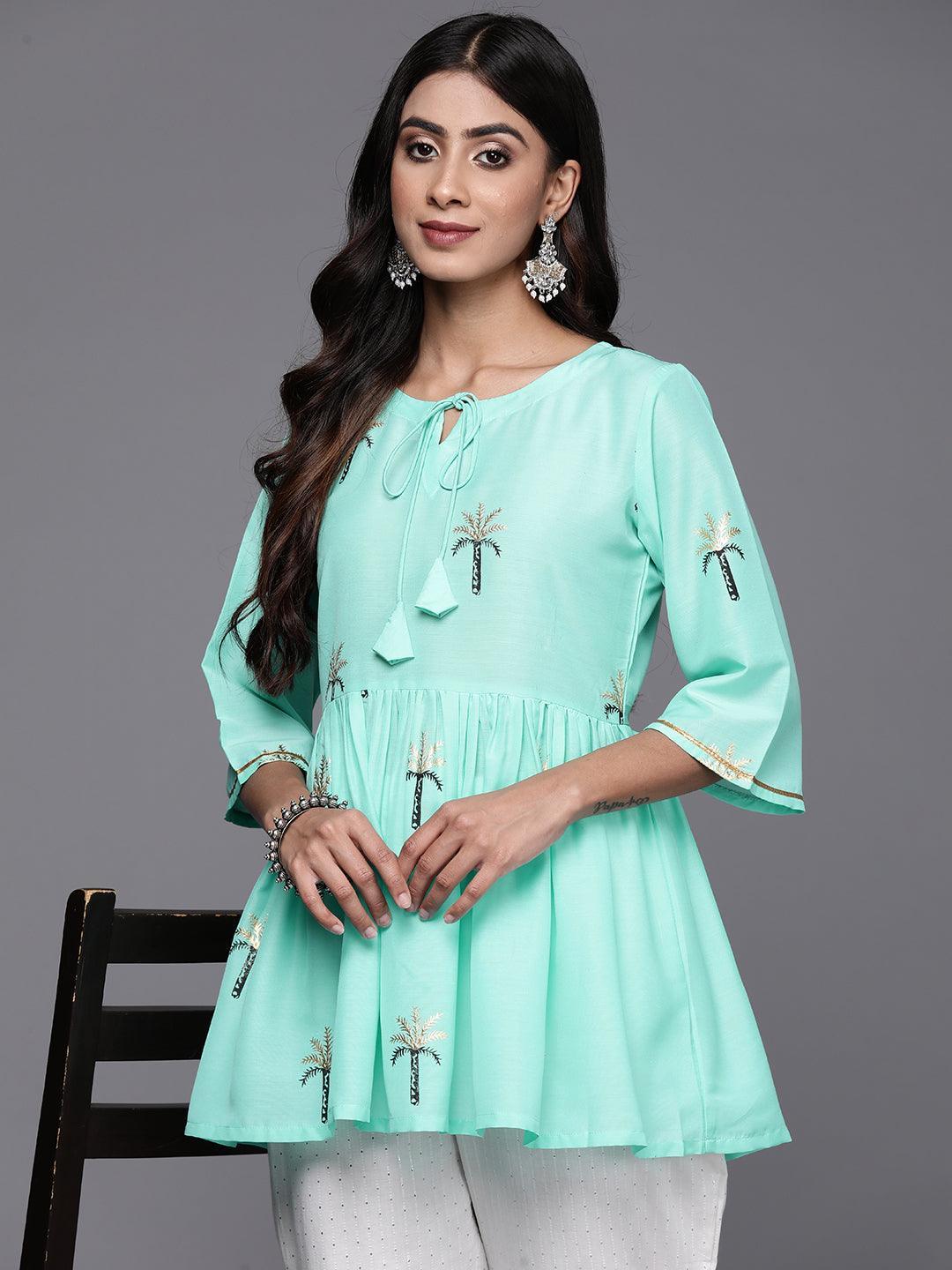 Turquoise Blue Printed Silk Blend Kurti