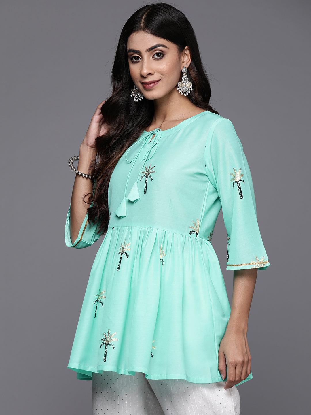 Turquoise Blue Printed Silk Blend Kurti