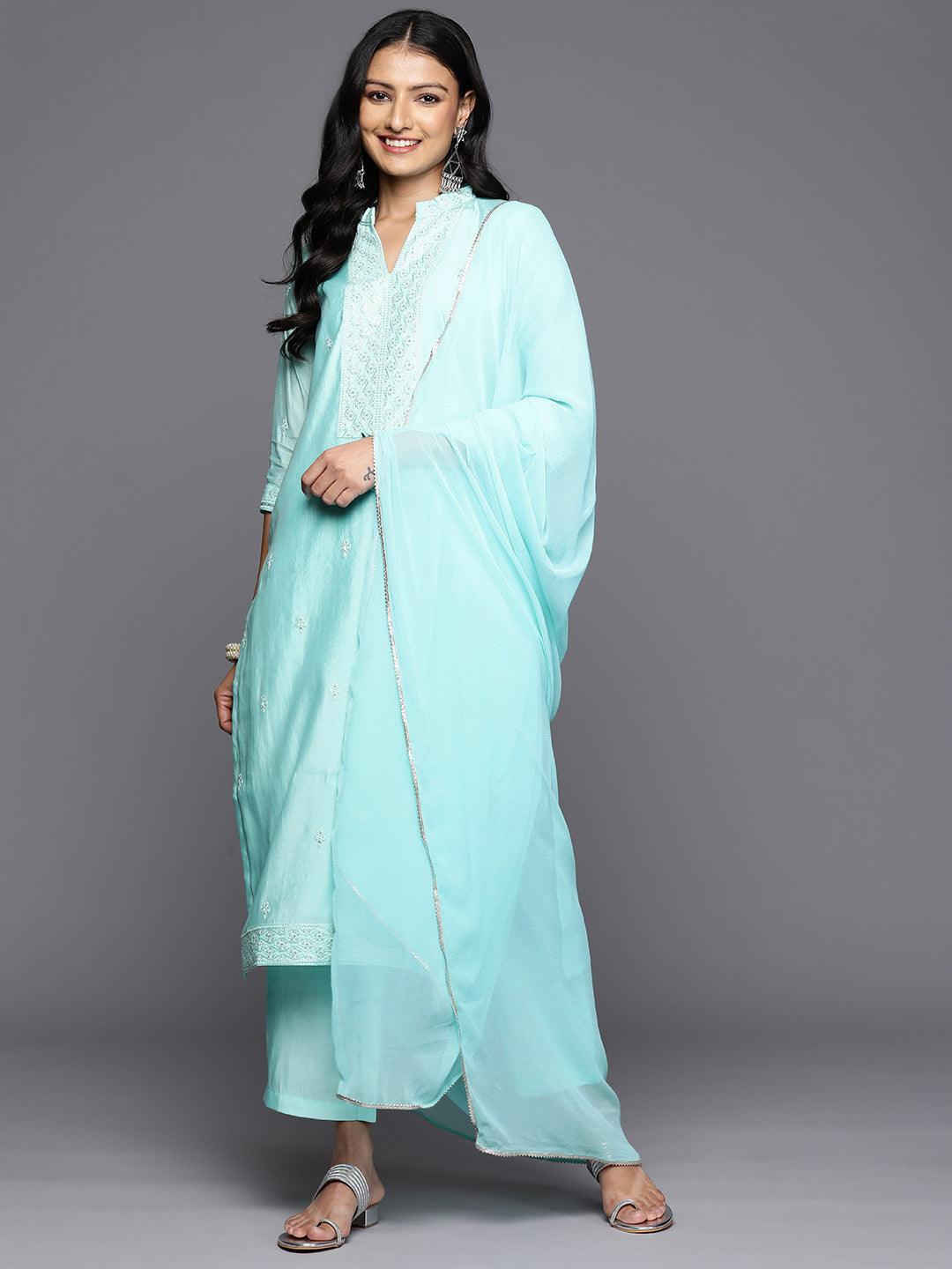 Turquoise Blue Printed Silk Blend Straight Kurta With Trousers & Dupatta