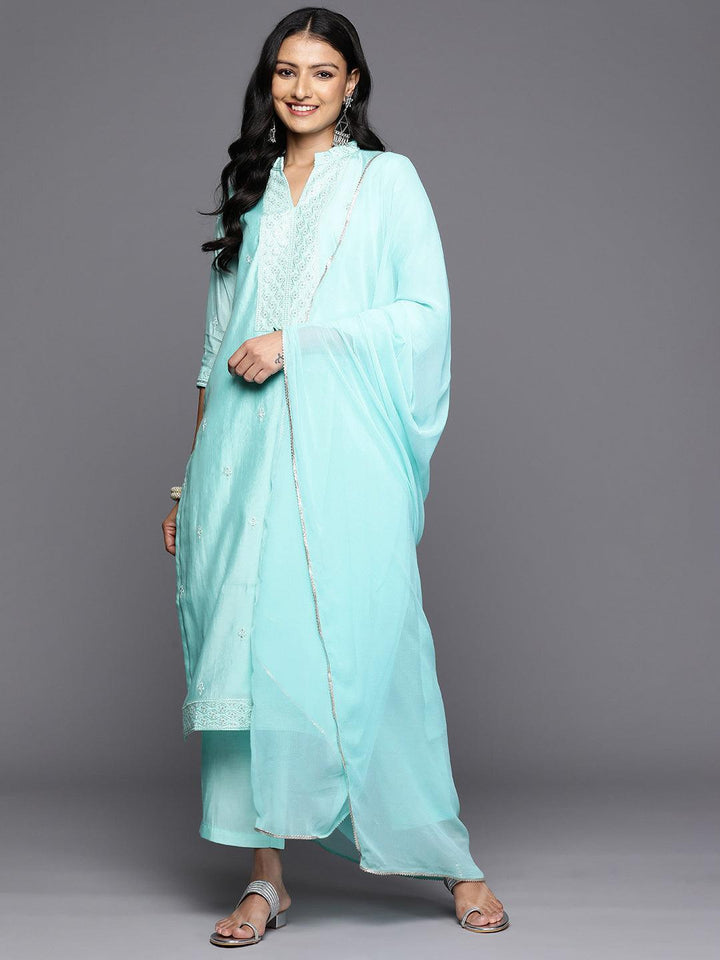 Turquoise Blue Printed Silk Blend Straight Kurta With Trousers & Dupatta - Libas