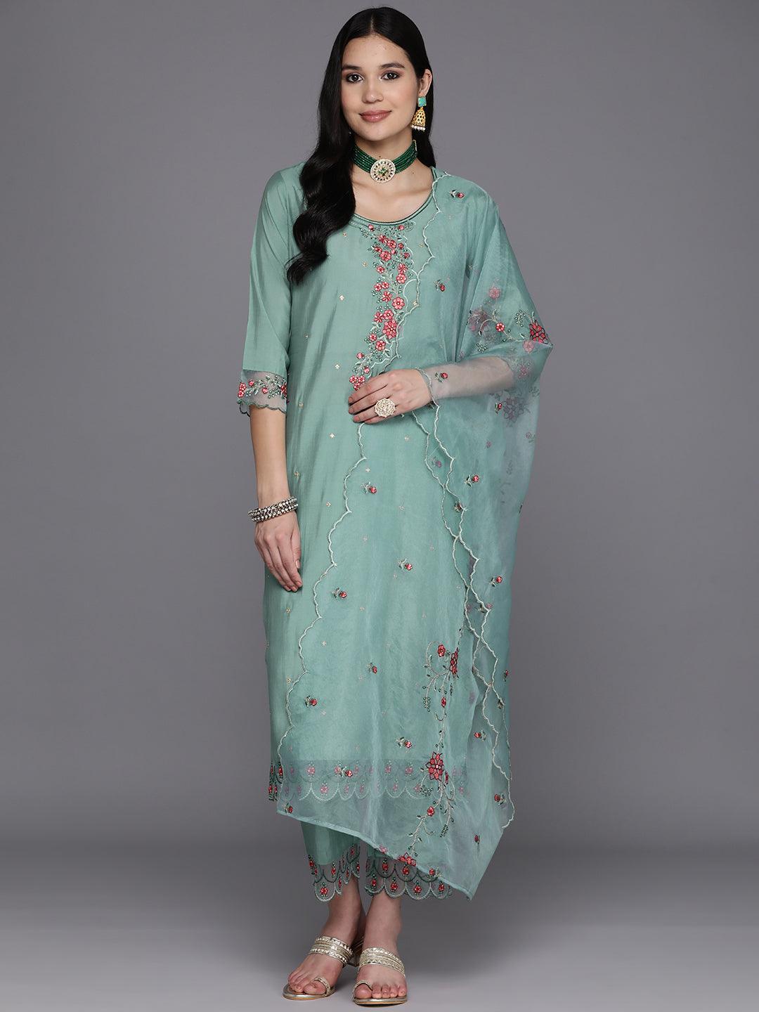 Turquoise Blue Printed Silk Blend Straight Kurta With Trousers & Dupatta