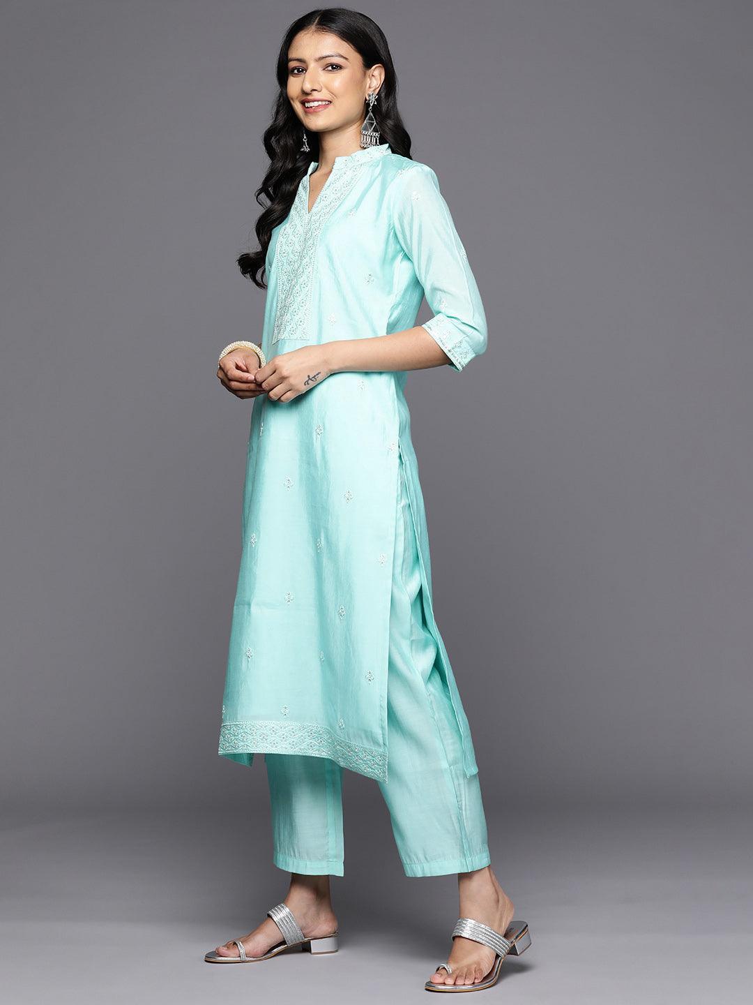 Turquoise Blue Printed Silk Blend Straight Kurta With Trousers & Dupatta