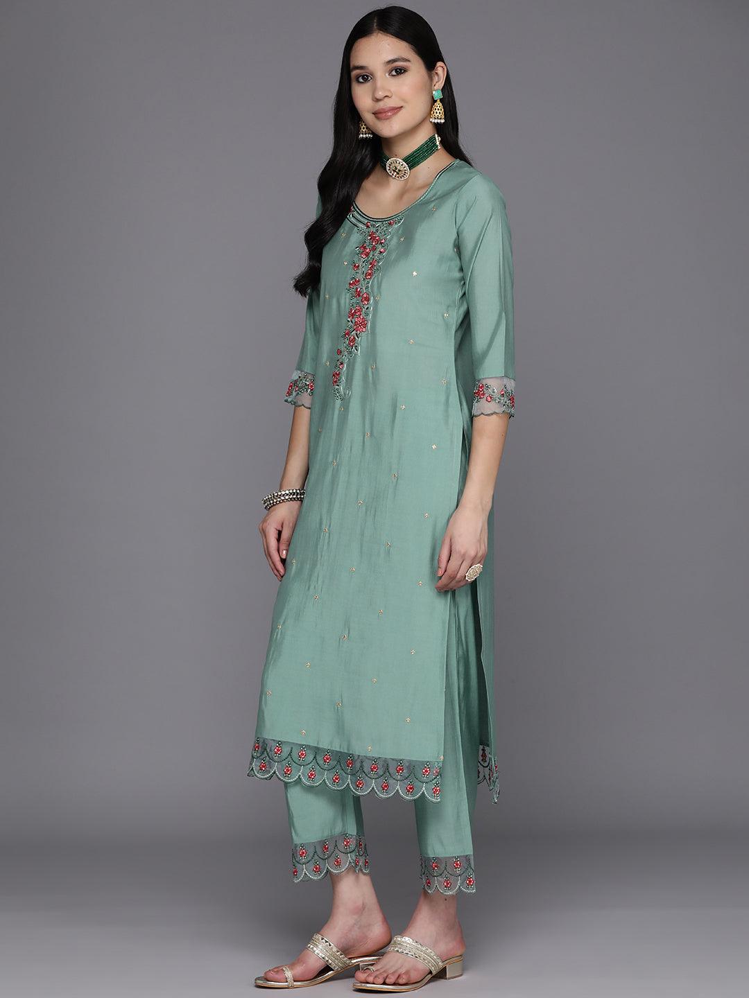 Turquoise Blue Printed Silk Blend Straight Kurta With Trousers & Dupatta