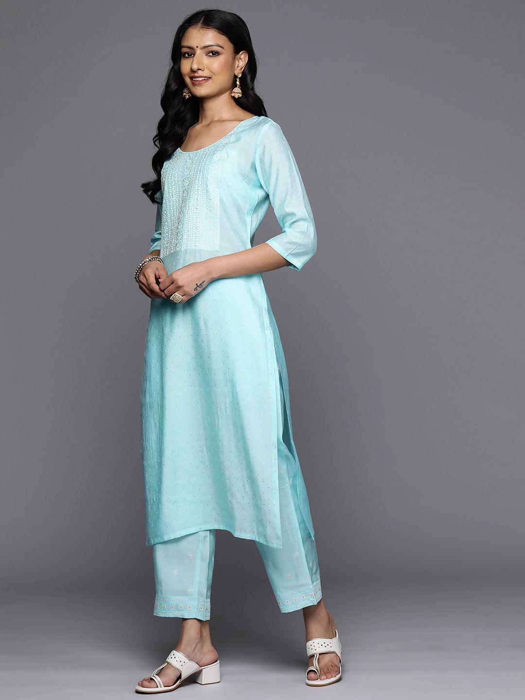 Turquoise Blue Printed Silk Blend Straight Kurta With Trousers & Dupatta